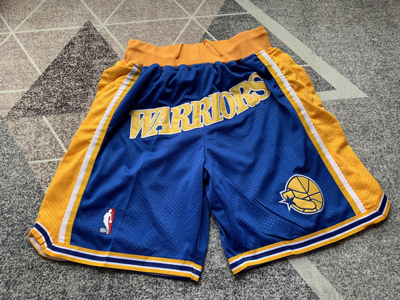 Blue Golden State Warriors premium basketball shorts, full front view