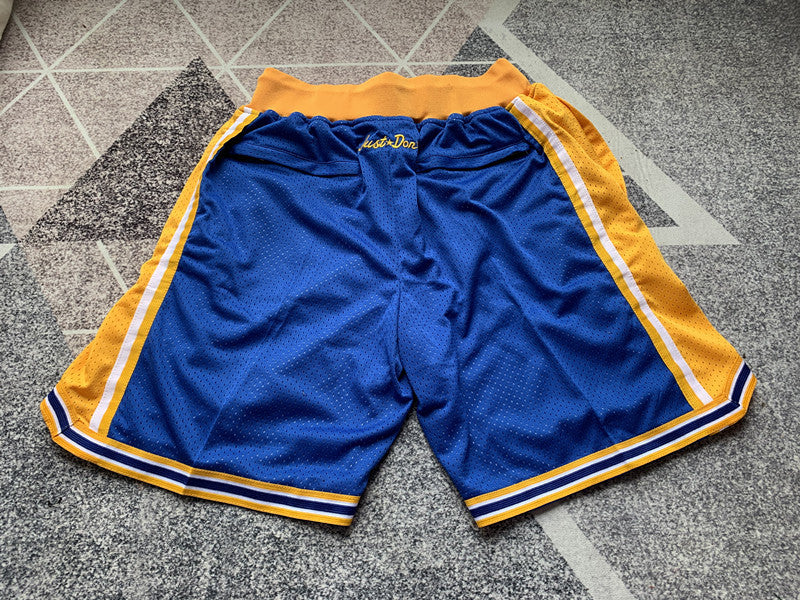 Blue Golden State Warriors premium basketball shorts, full back view
