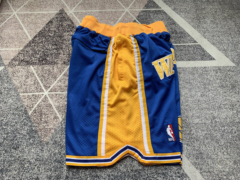 Blue Golden State Warriors premium basketball shorts, side panel detail