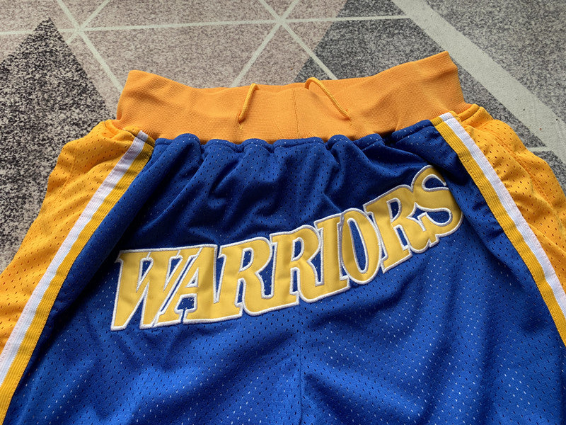 Blue Golden State Warriors premium basketball shorts, graphic detail