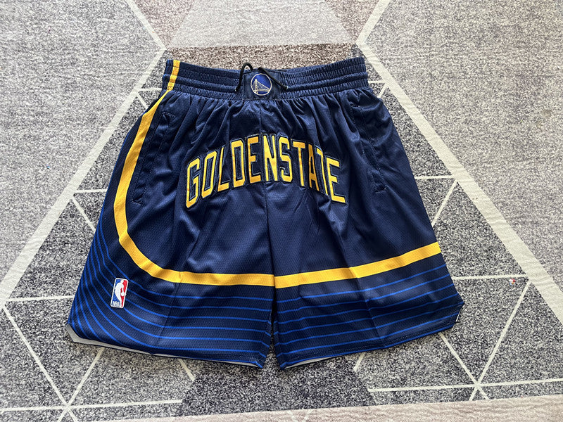 Navy Golden State Warriors premium basketball shorts, full front view