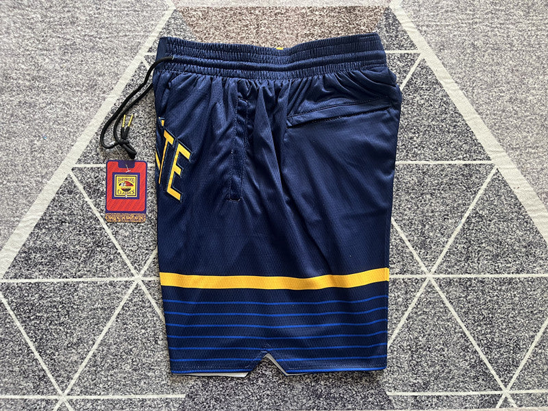 Navy Golden State Warriors premium basketball shorts, side panel detail