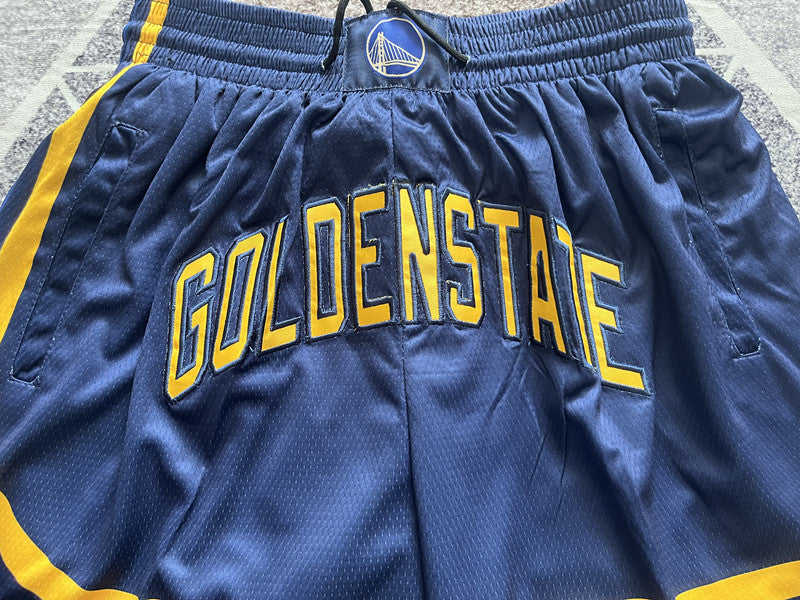 Navy Golden State Warriors premium basketball shorts, waistband and label detail