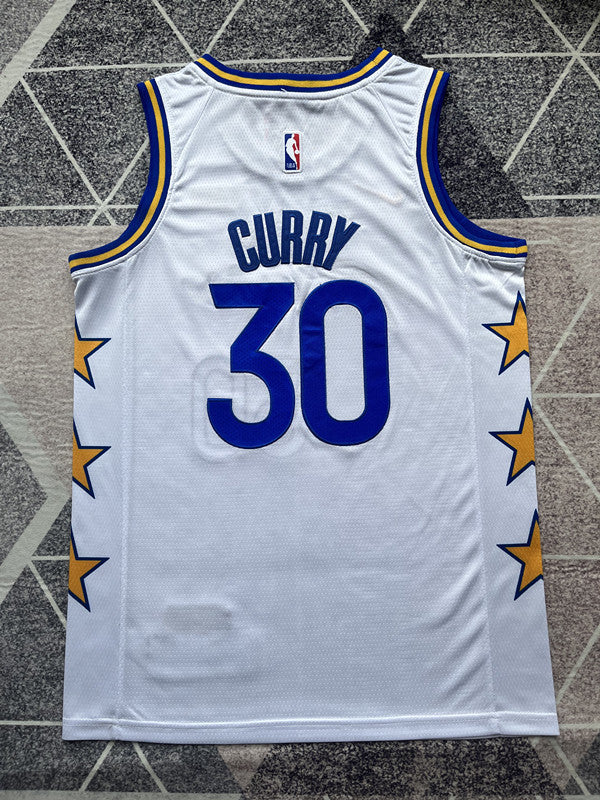 White Golden State Warriors basketball jersey, full back view
