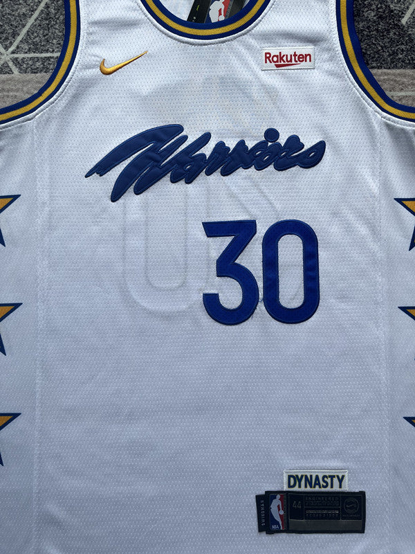 White Golden State Warriors basketball jersey, front graphic detail