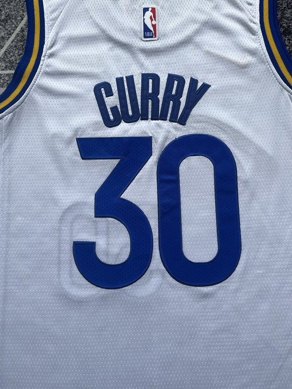 White Golden State Warriors basketball jersey, back lettering and number detail