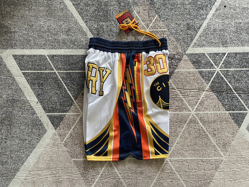 White Golden State Warriors premium basketball shorts, side panel detail