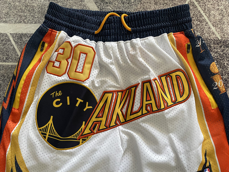 White Golden State Warriors premium basketball shorts, graphic detail
