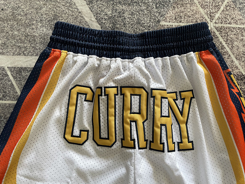 White Golden State Warriors premium basketball shorts, waistband and label detail
