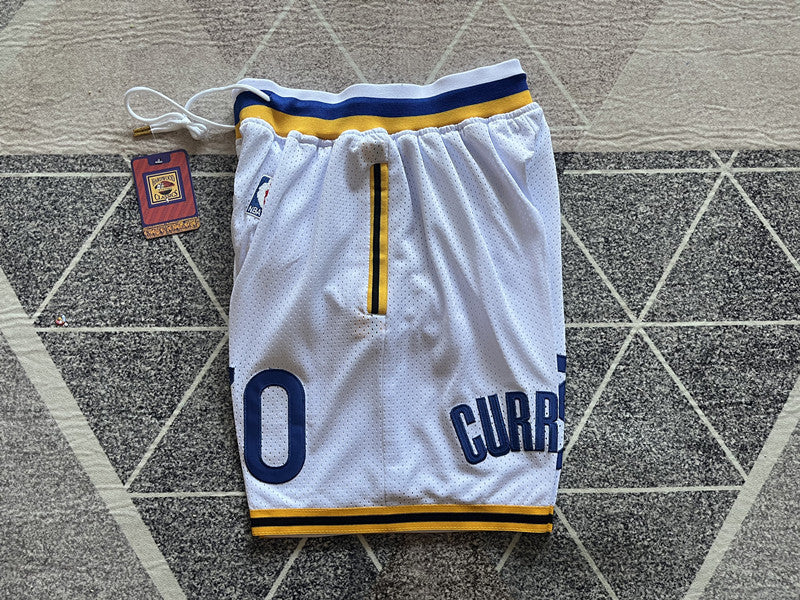 White Golden State Warriors premium basketball shorts, side panel detail