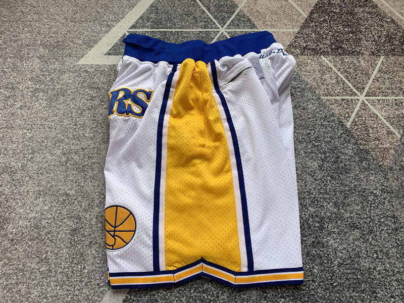 White Golden State Warriors premium basketball shorts, side panel detail