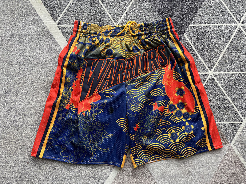 Multi-color Golden State Warriors premium basketball shorts, full front view