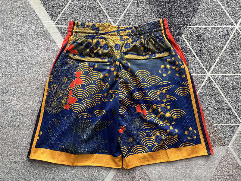 Multi-color Golden State Warriors premium basketball shorts, full back view