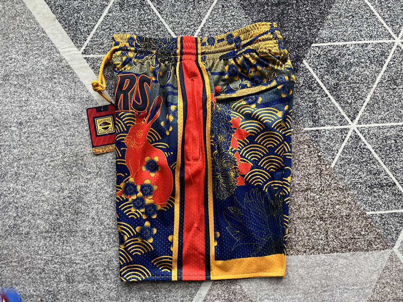 Multi-color Golden State Warriors premium basketball shorts, side panel detail
