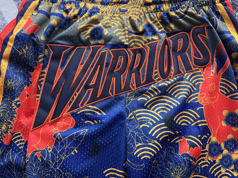 Multi-color Golden State Warriors premium basketball shorts, waistband and label detail