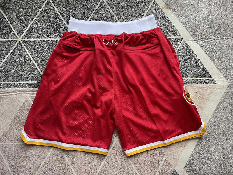 Red Houston Rockets premium basketball shorts, full back view