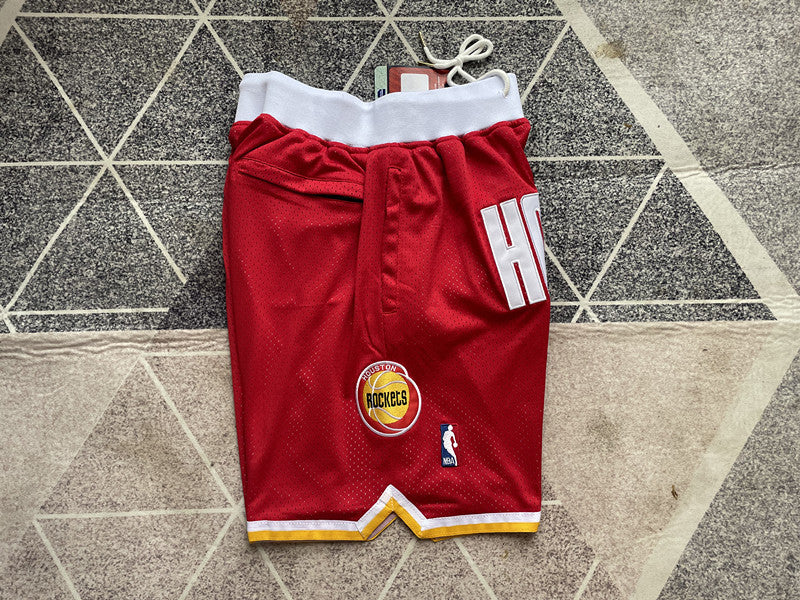 Red Houston Rockets premium basketball shorts, side panel detail