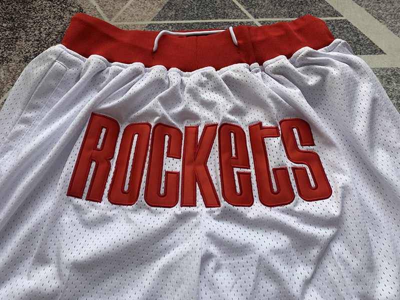 White Houston Rockets premium basketball shorts, graphic detail