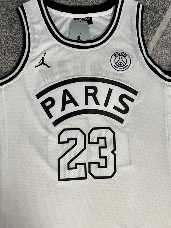 White Jumpman basketball jersey, front graphic detail
