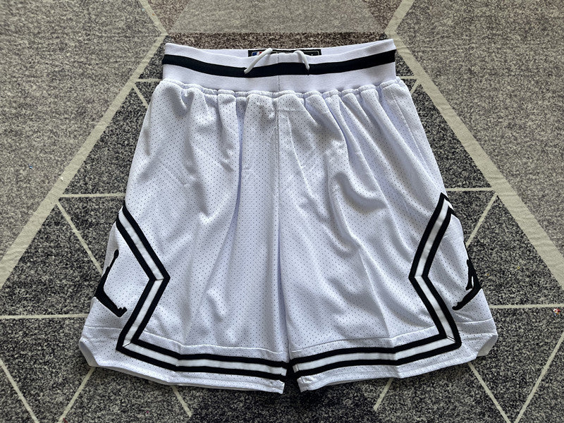 White Jumpman basketball shorts, full front view