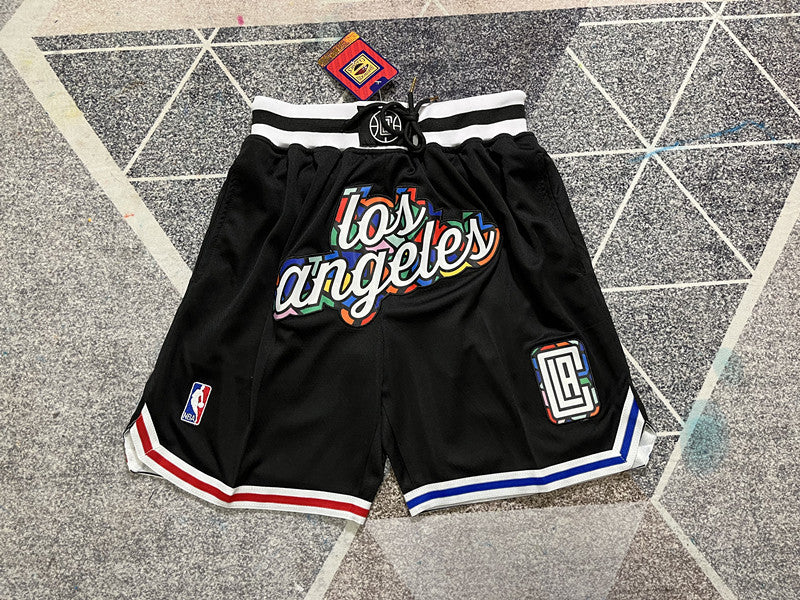 Black LA Clippers premium basketball shorts, full front view