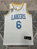 White and Blue Lettering LA Lakers basketball jersey, full front view