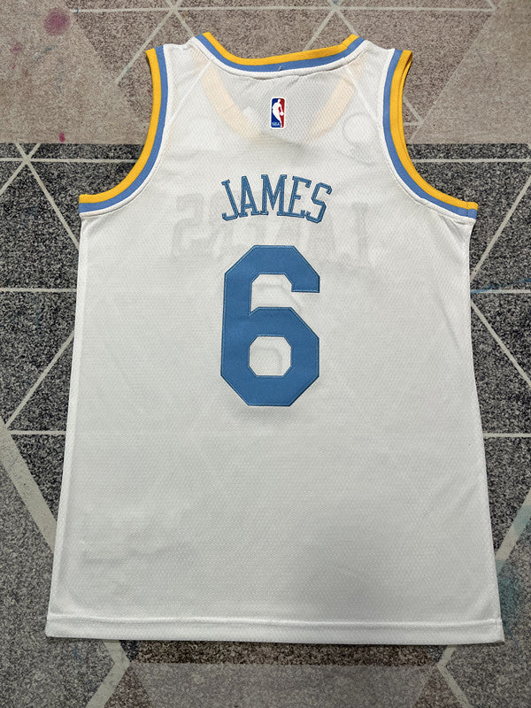 White and Blue Lettering LA Lakers basketball jersey, full back view