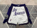 White LA Lakers premium basketball shorts, full front view