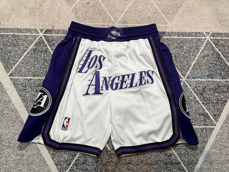 White LA Lakers premium basketball shorts, full front view