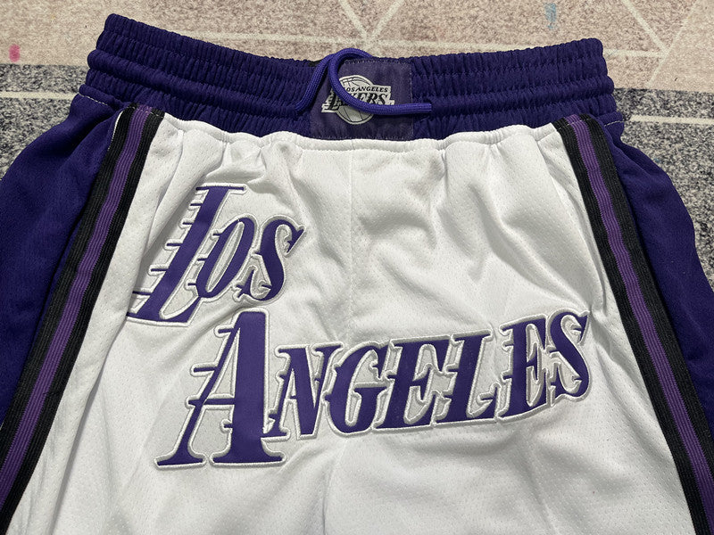 White LA Lakers premium basketball shorts, graphic detail