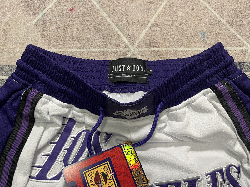 White LA Lakers premium basketball shorts, waistband and label detail
