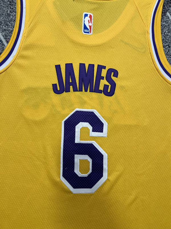 Yellow LA Lakers basketball jersey, back lettering and number detail