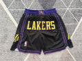 Black LA Lakers premium basketball shorts, full front view