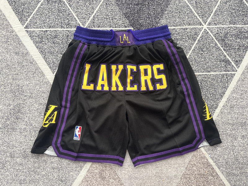 Black LA Lakers premium basketball shorts, full front view