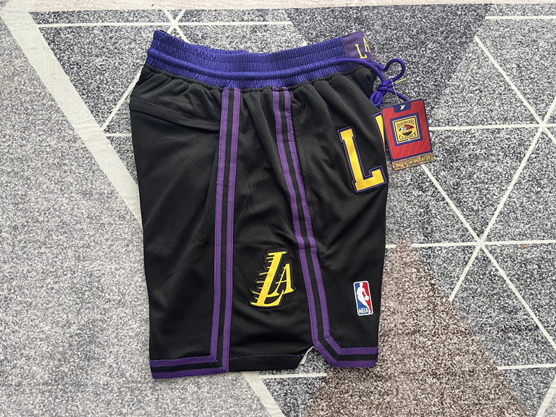 Black LA Lakers premium basketball shorts, side panel detail