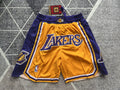 Yellow LA Lakers premium basketball shorts, full front view