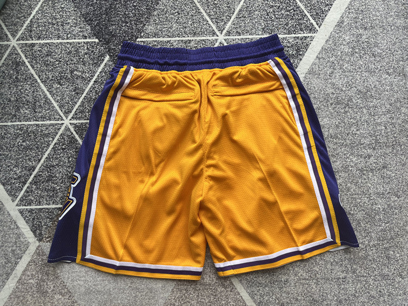 Yellow LA Lakers premium basketball shorts, full back view