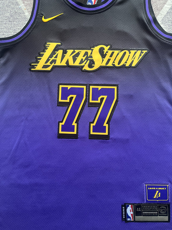 Purple LA Lakers basketball jersey, front graphic detail