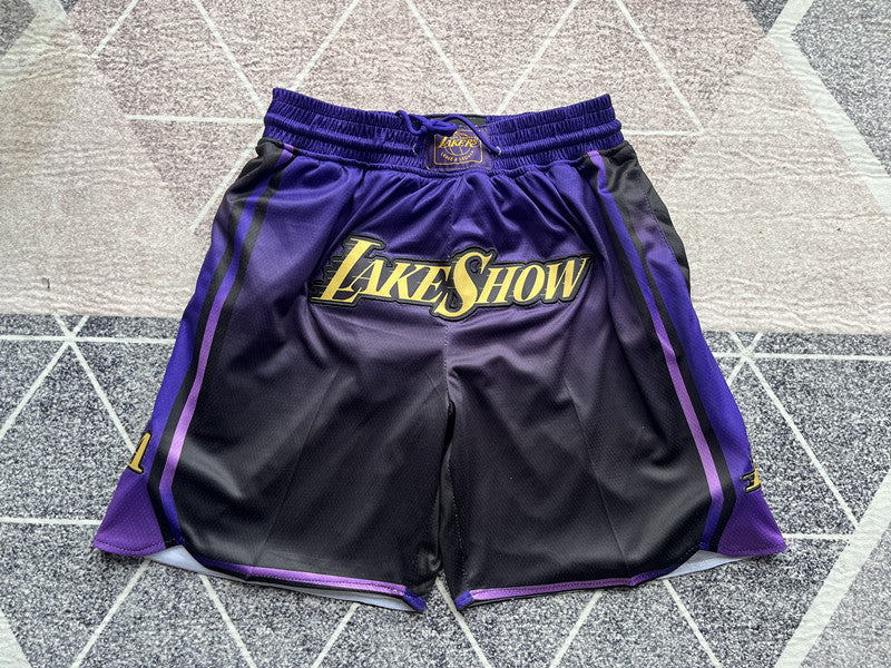 Purple LA Lakers premium basketball shorts, full front view