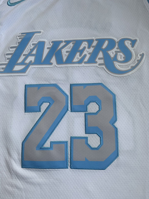 Multi-color LA Lakers basketball jersey, front graphic detail