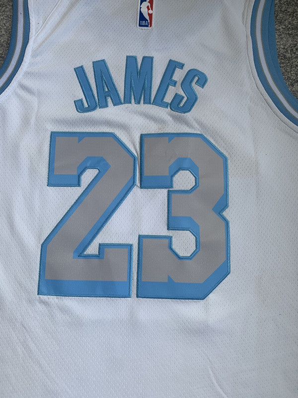 Multi-color LA Lakers basketball jersey, back lettering and number detail