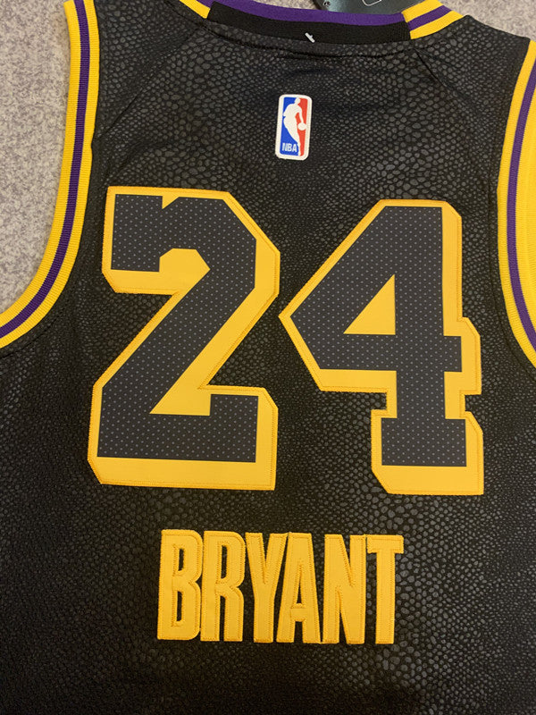 Multi-color LA Lakers basketball jersey, back lettering and number detail