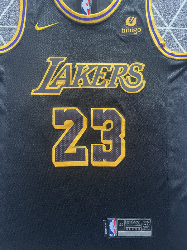Black LA Lakers basketball jersey, front graphic detail
