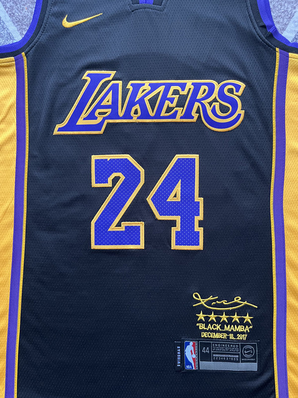 Black LA Lakers basketball jersey, front graphic detail