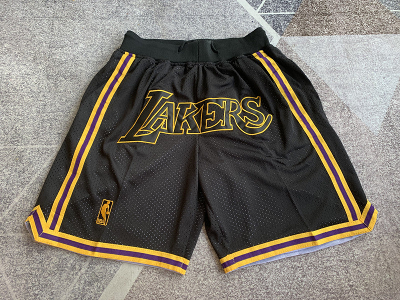 Black LA Lakers premium basketball shorts, full front view