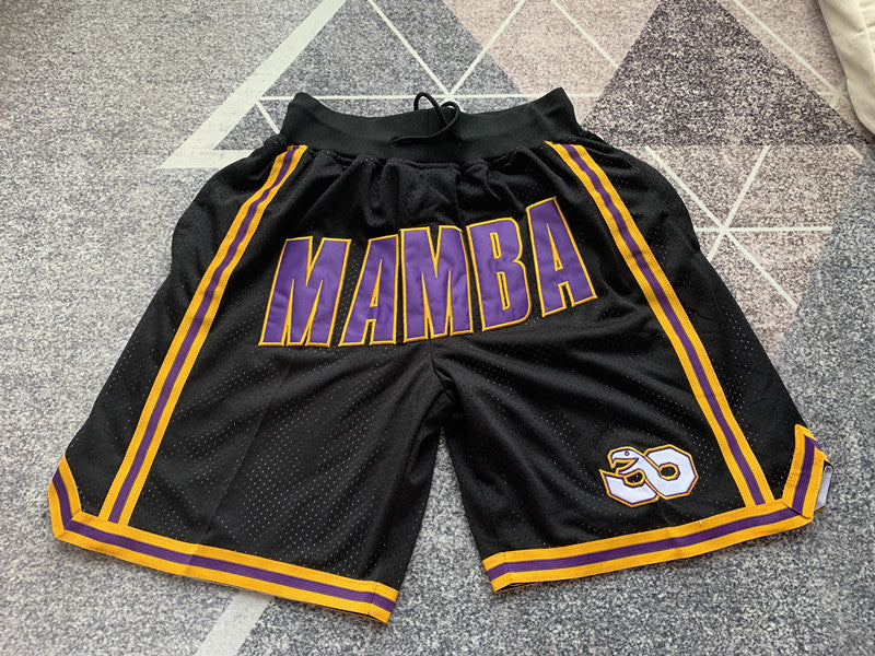 Black and Gold LA Lakers premium basketball shorts, full front view