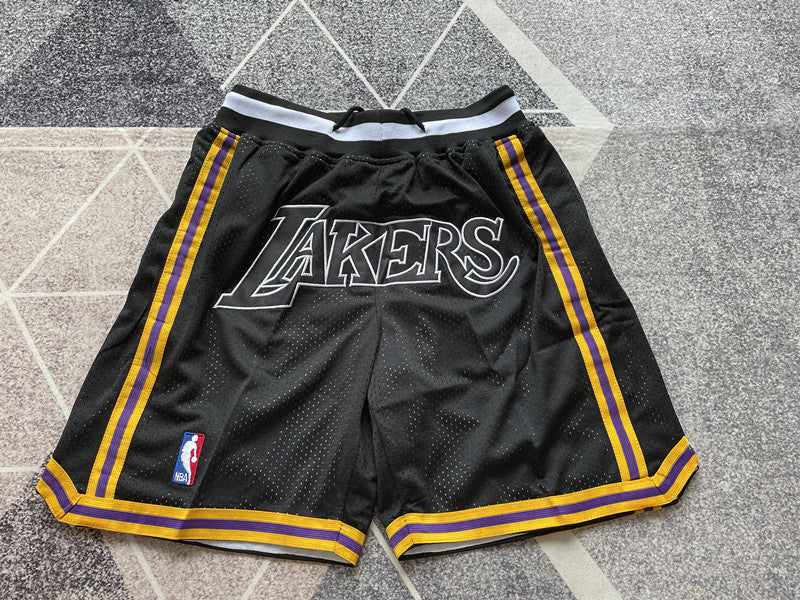 Black LA Lakers premium basketball shorts, full front view