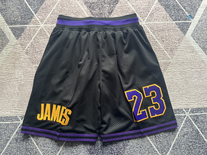 Black LA Lakers premium basketball shorts, full back view