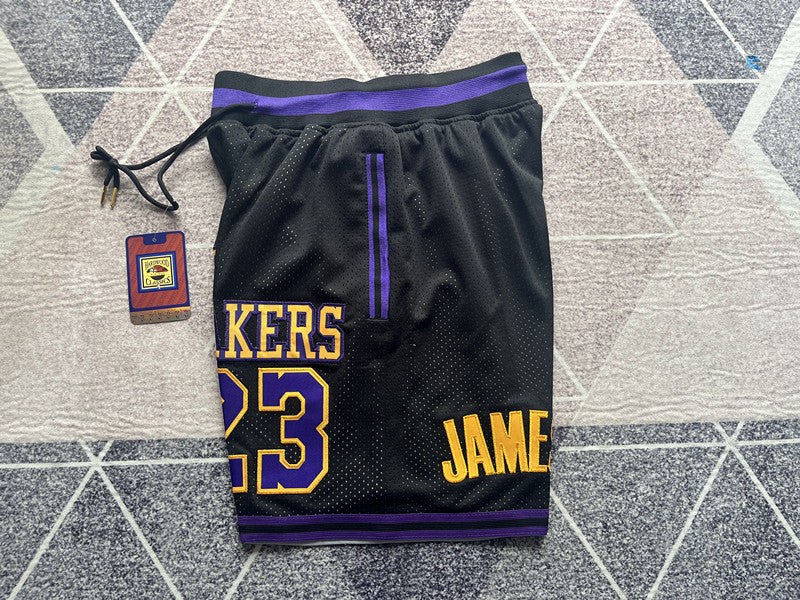 Black LA Lakers premium basketball shorts, side panel detail