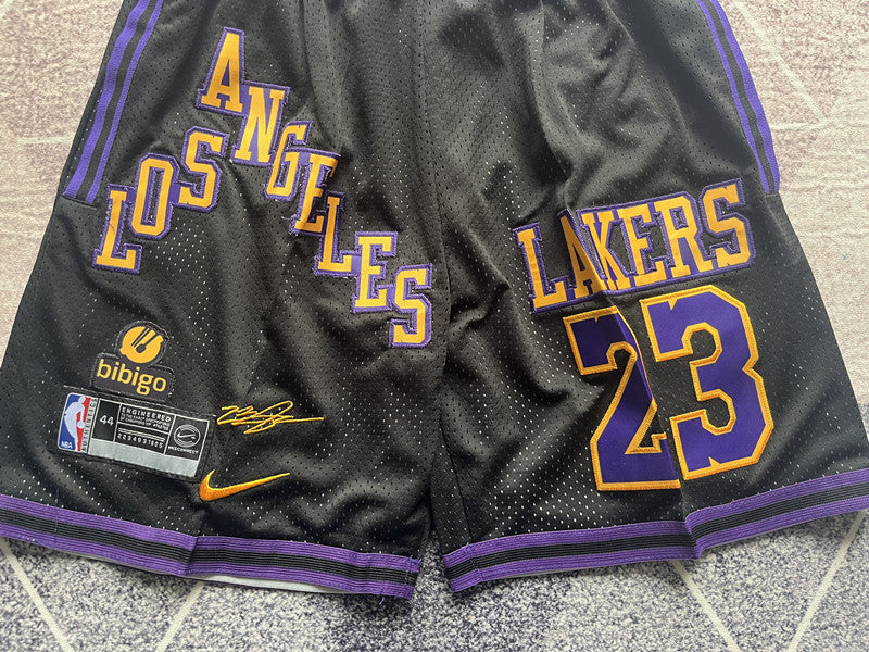 Black LA Lakers premium basketball shorts, waistband and label detail